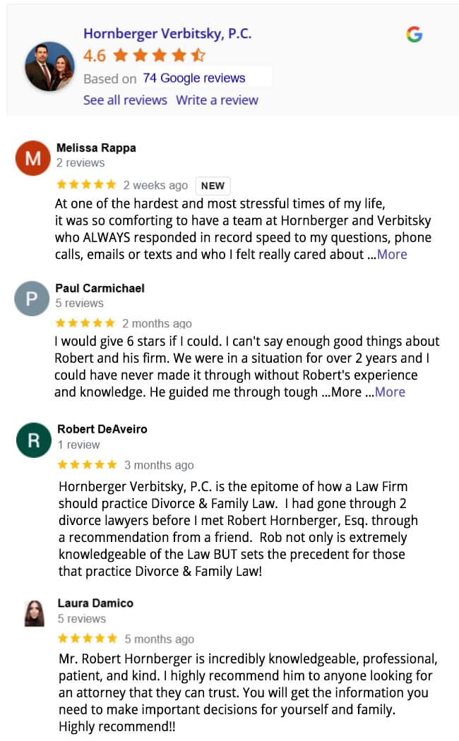 Google Reviews of Hornberger Verbitsky, P.C. divorce lawyers in Dix Hills, NY