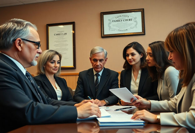 family court lawyers reviewing papers at desk