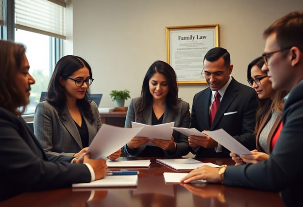 family court attorneys reviewing papers at desk