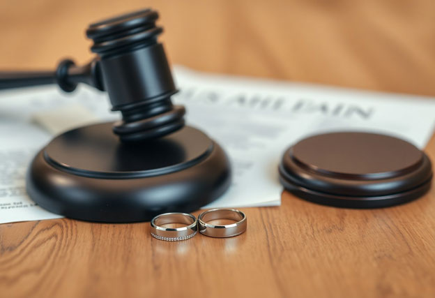 wedding rings and gavel of divorce court