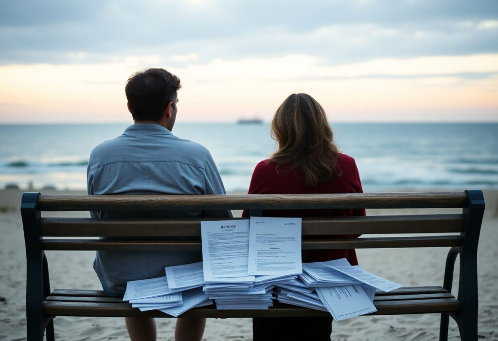 Least Expensive Way to Get Divorced couple with divorce papers at beach 