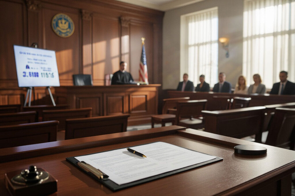 courtroom with judge and jurors