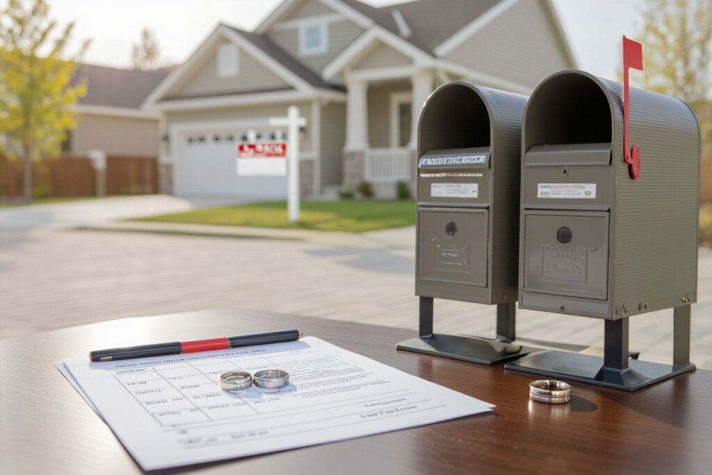 Gray divorce mailboxes divorce papers wedding rings