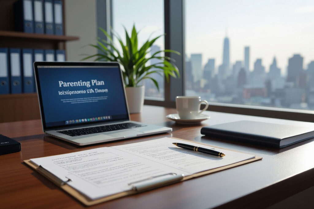 Parenting plan on laptop in office