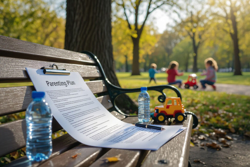 Parenting plan on park bench, children playing in background