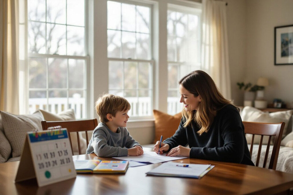 Mother discussing appearing in family court with her child.