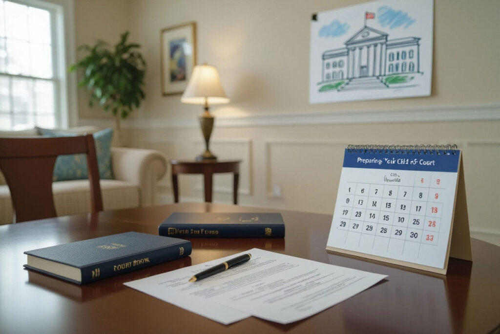 Family law attorney's desk with calendar, legal documents.