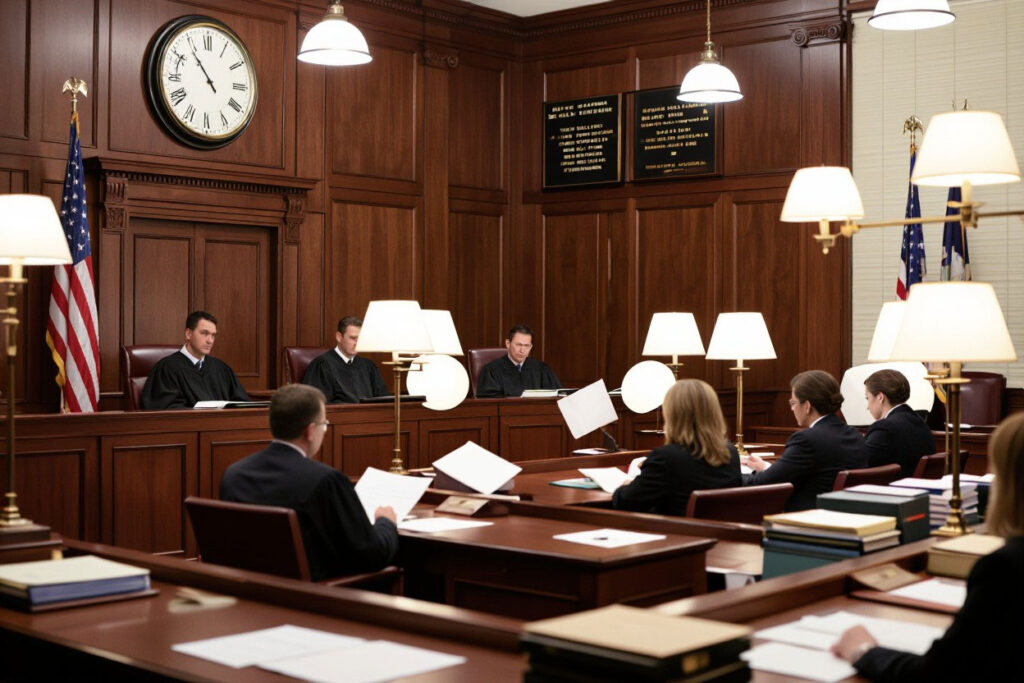 contested divorce courtroom with judge, lawyers, clients
