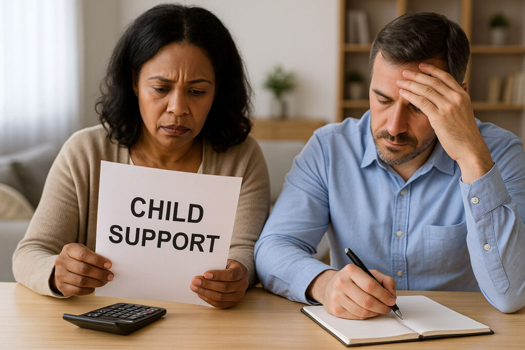 couple viewing child support enforcement papers