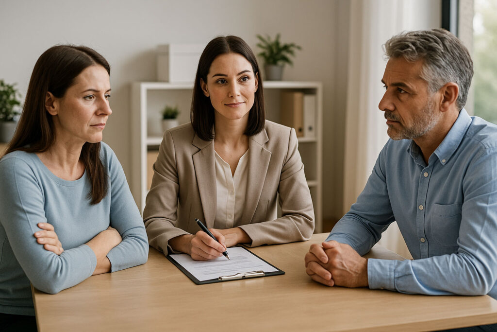 unhappy couple meeting with divorce mediator at small table