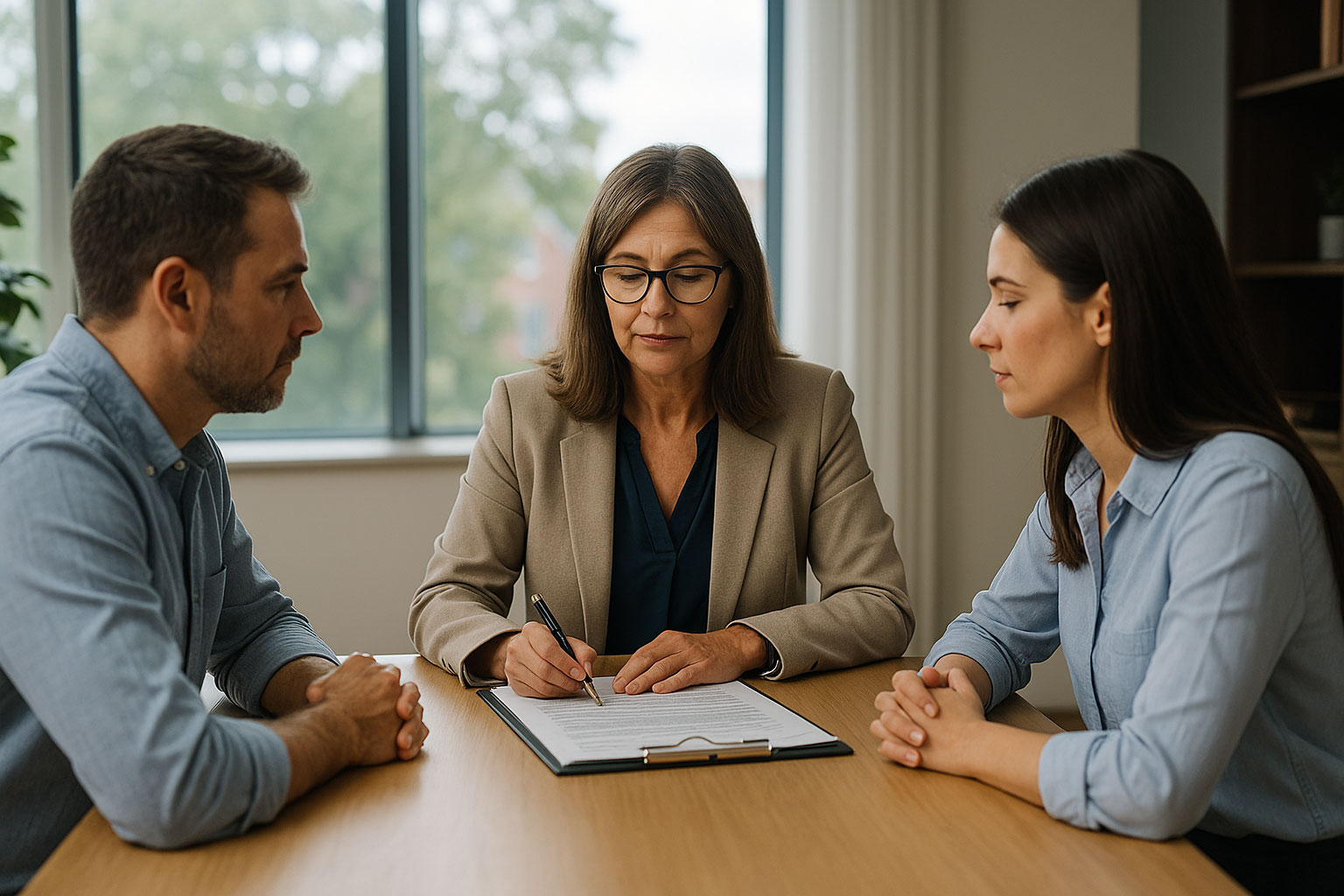 couple meeting with female divorce mediator at table