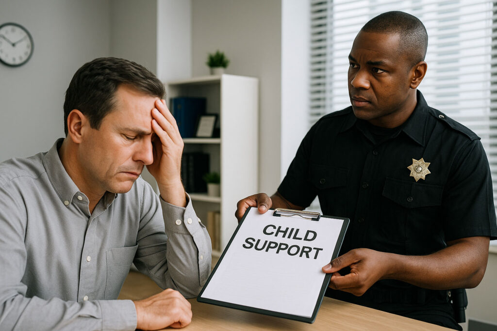 officer handing child support enforcement papers to man