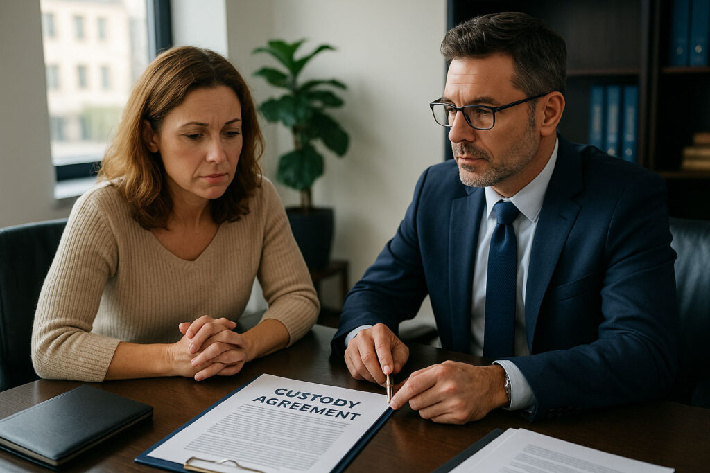 mother meeting with attorney over child custody violation case