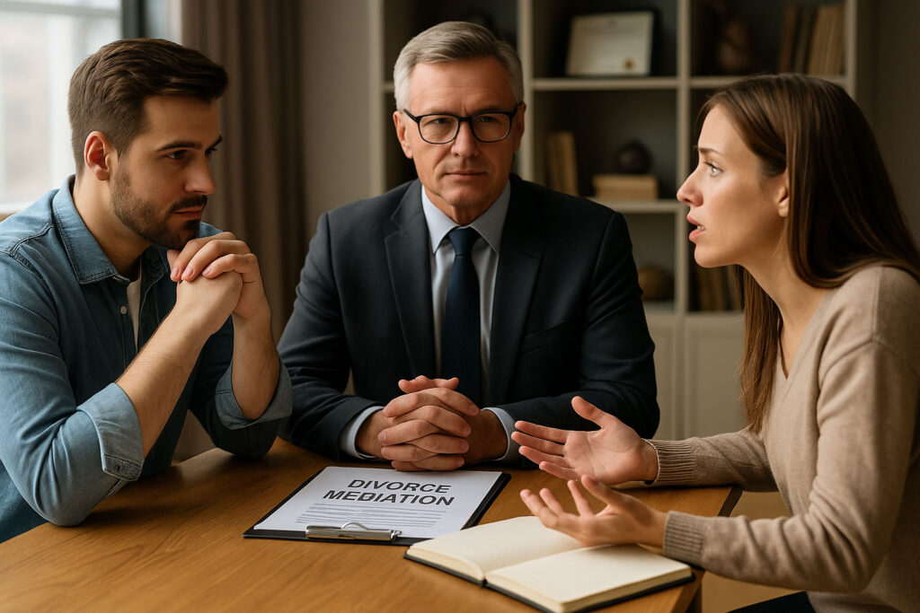 female spouse explaining issue to male spouse in front of male mediator