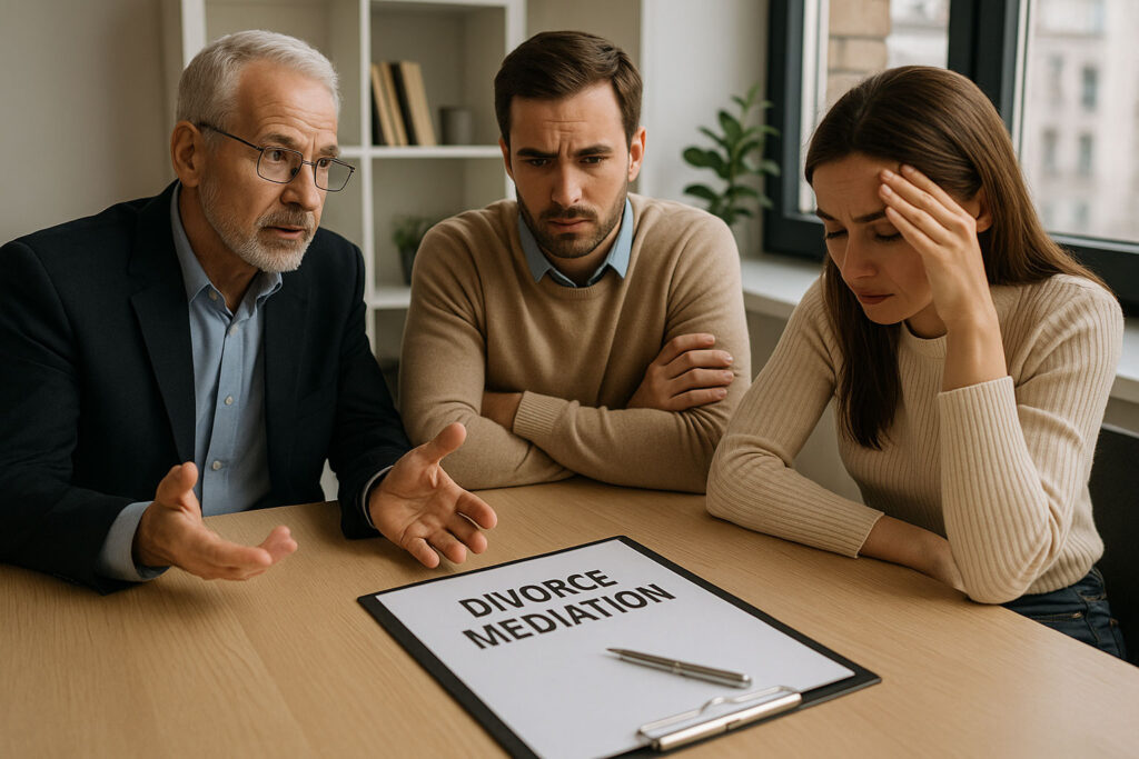 divorce mediator explains issue to couple at mediation