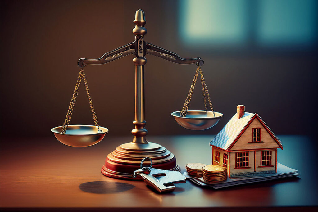 scales of justice with coins, keys and house model