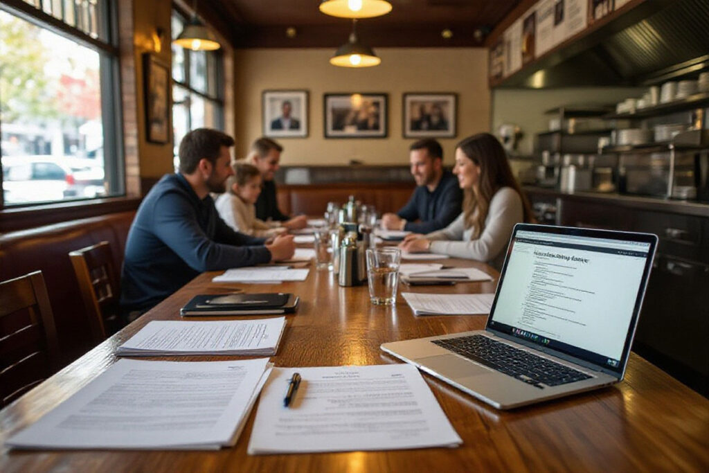 business partners and lawyers at restaurant discussing dividing their business in divorce