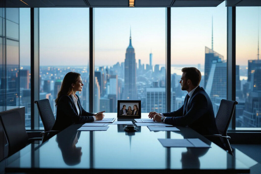 couple sitting at table discussing business division in divorce with picture of family in frame