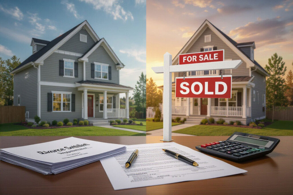 Two homes: one with for sale sign, one without, papers, pens, calculator