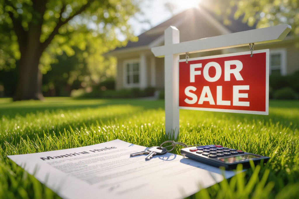 For sales sign, papers, calculator and keys in front of marital home on Long Island