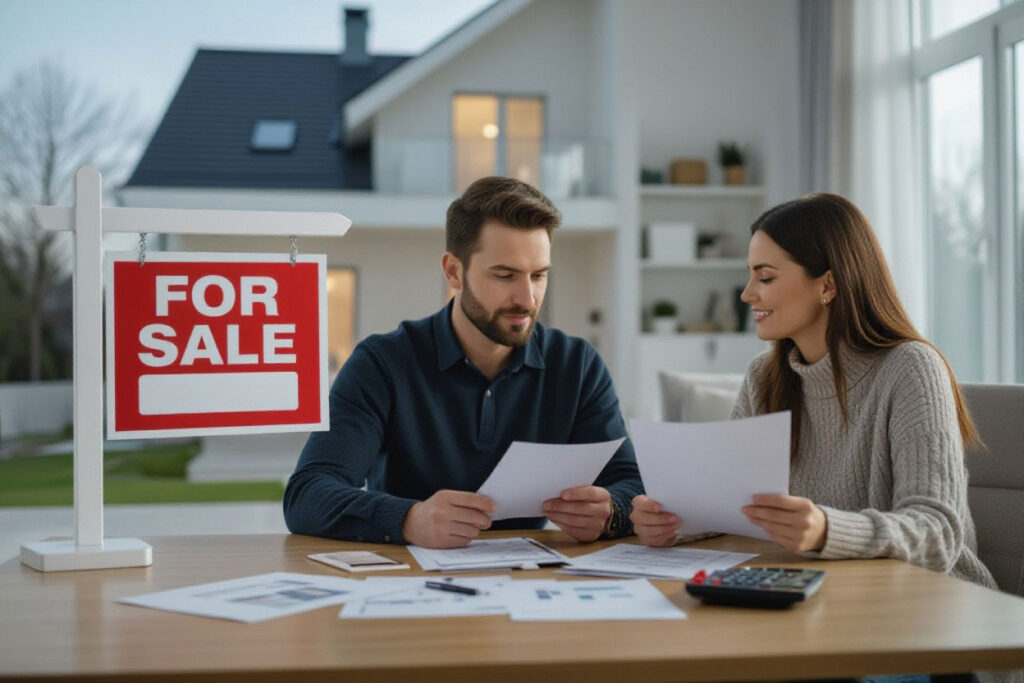 Couple going over mortgage papers for marital home at kitchen table