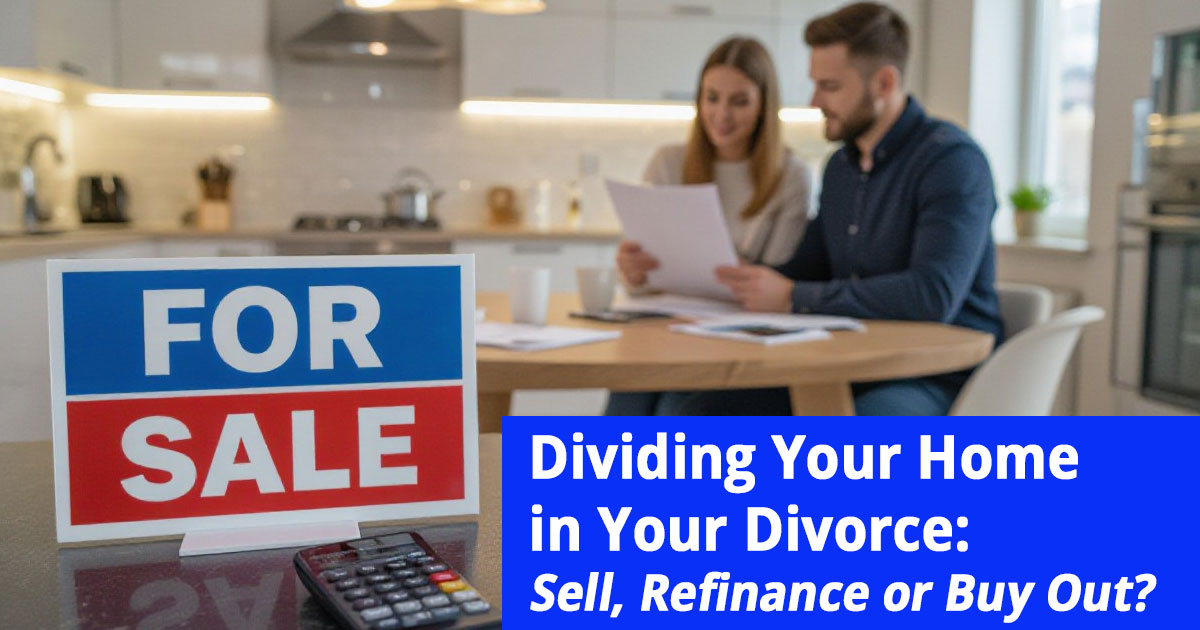 Couple deciding what to do with the family home in their divorce. For Sale sign in foreground