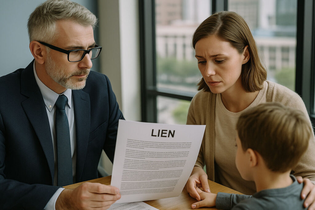 family law attorney going over lien paperwork with mother and child