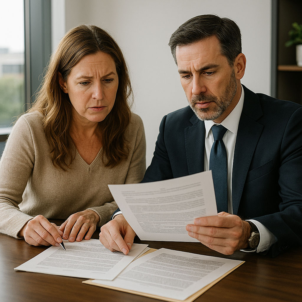 woman and lawyer examining contempt of court documents