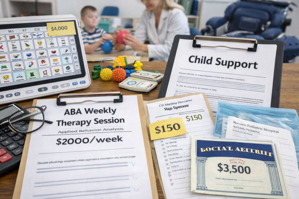special needs child and therapist with bills for therapy in foreground