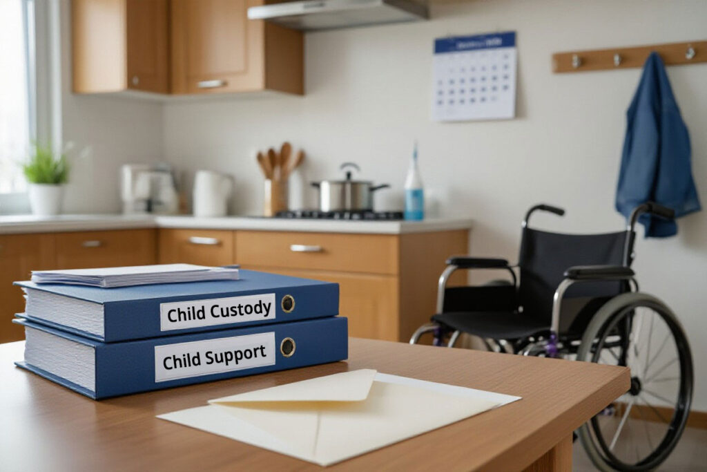doctor's office with wheelchair and binders on Child Custody and Child Support