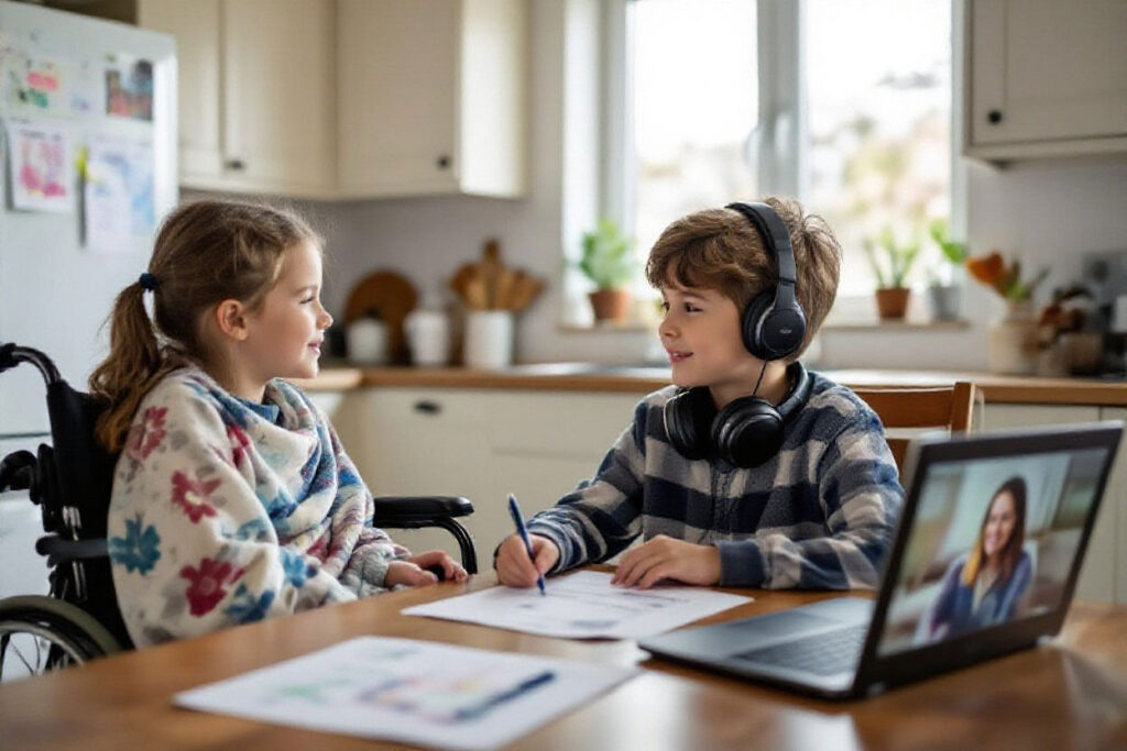 girl in wheelchair and boy with headphones on working together at table