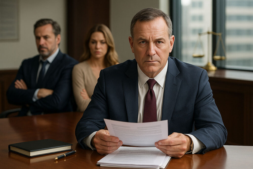 divorce lawyer at desk with papers with high net worth couple behind him