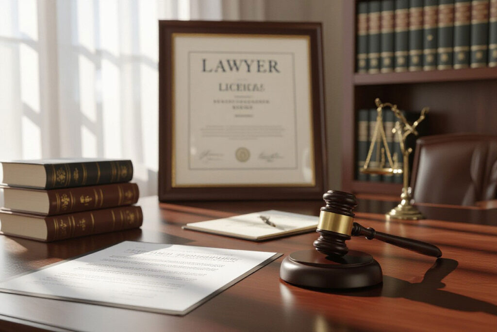lawyer license on desk with gavel and divorce papers