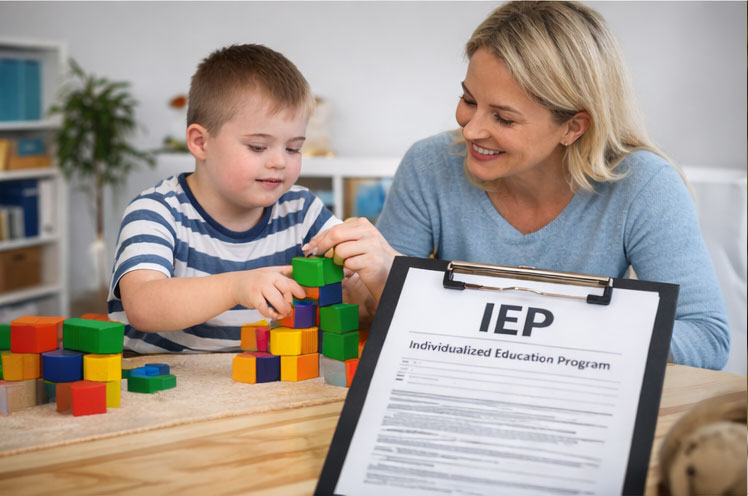 special needs child and teacher with IEP in foreground