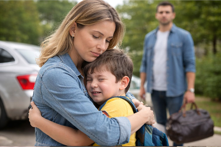 mother hugging special needs child while father looks on