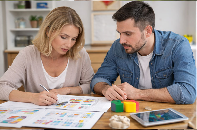 Parents of special needs child working out a color-coded custody schedule.