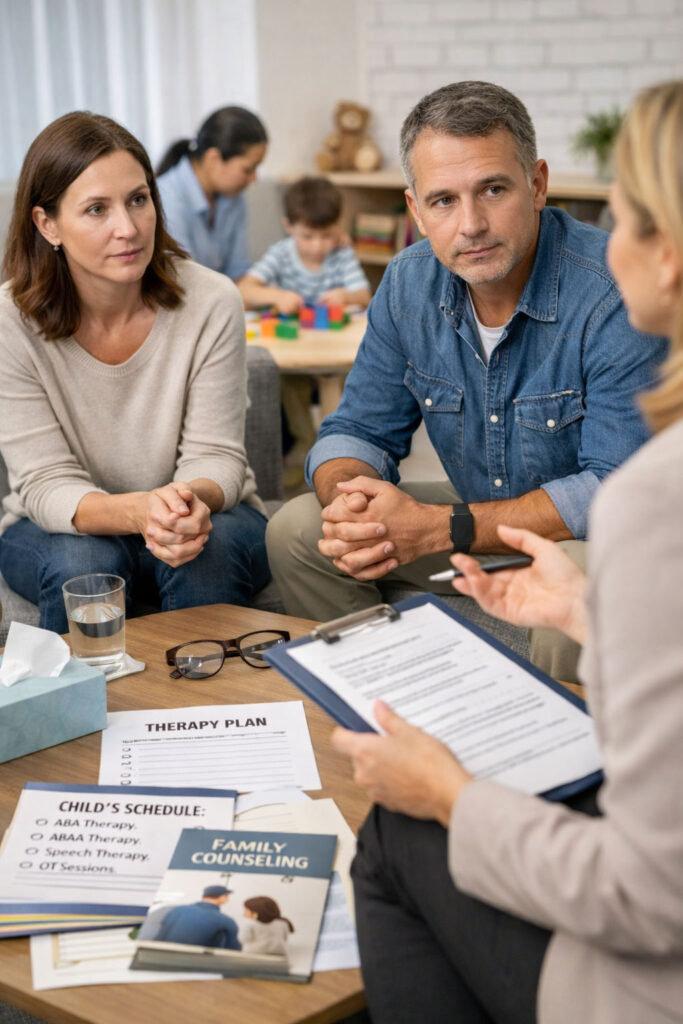 parents speaking with therapist with special needs child in background working with another therapist