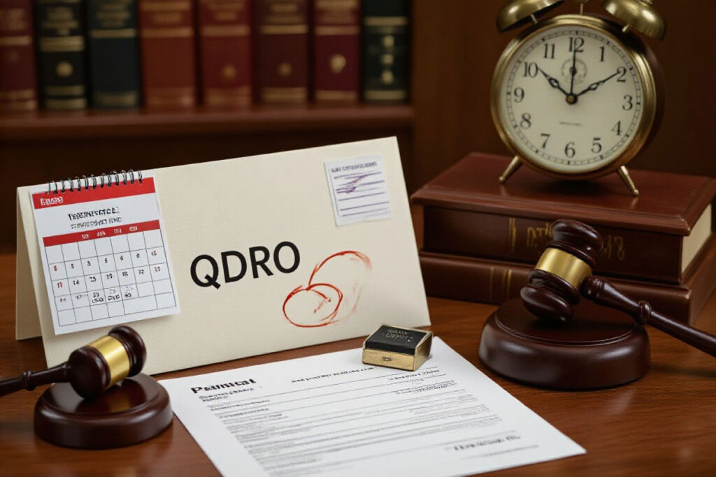 QDRO paperwork, clock, laptop, pen, phone