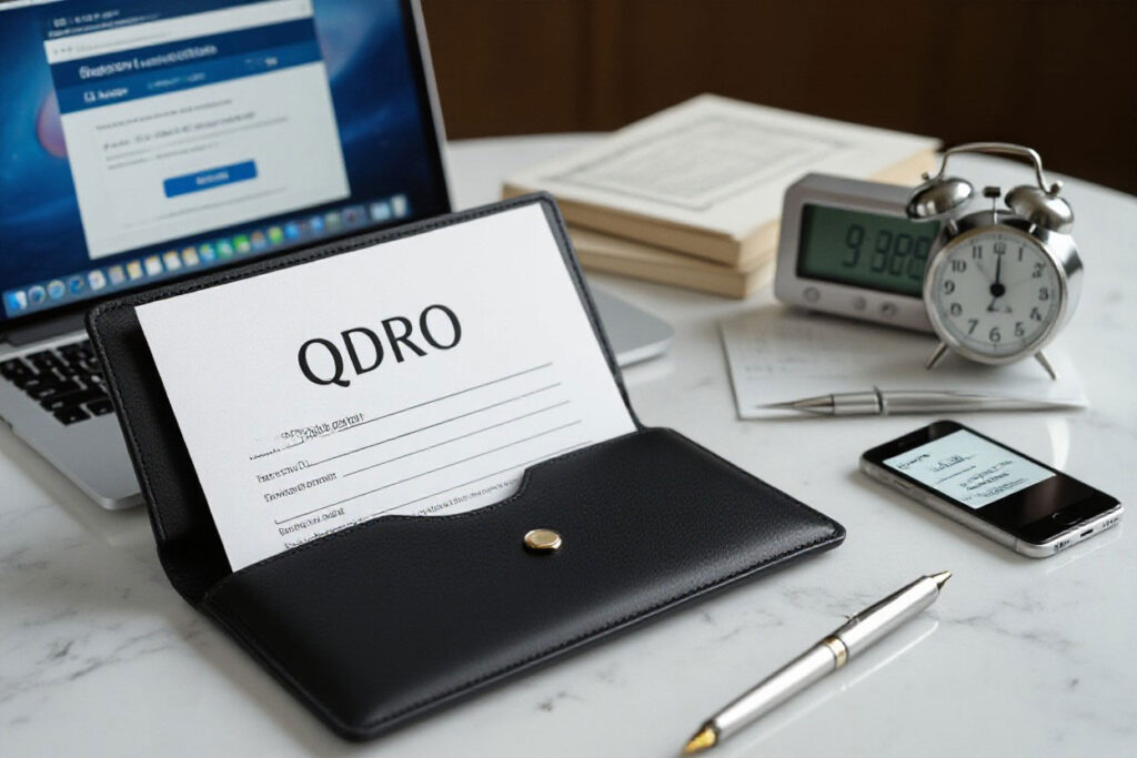 QDRO paperwork, clock laptop pen phone
