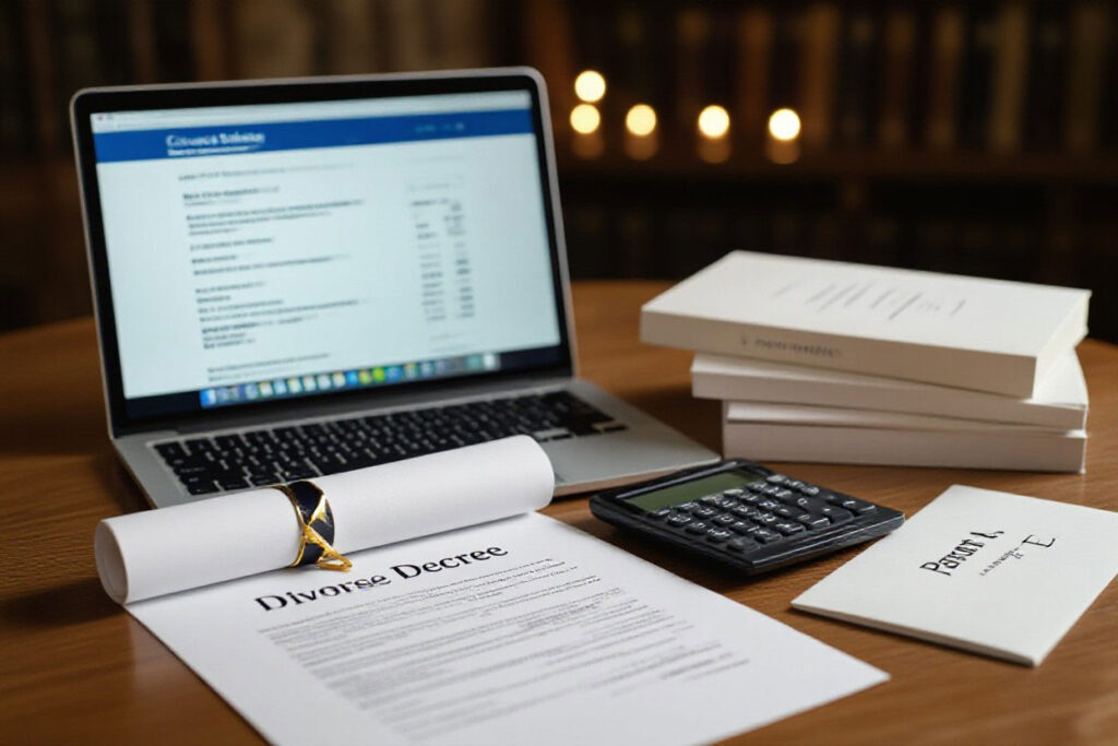 divorce decree, tuition bill on laptop and textbooks on desk