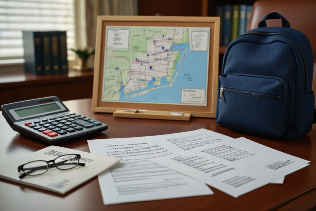 college papers, calculator and map indicating the costs of travel for college