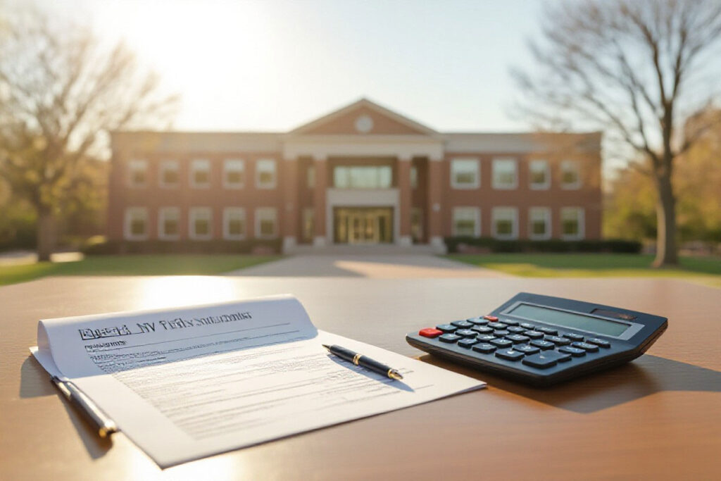 university building in background, tuition bill and calculator in foreground