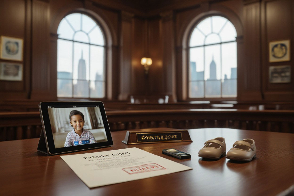 family courtroom with virtual visitation agreement, tablet and baby shoes on desk