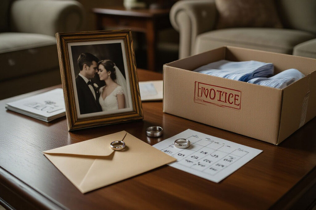 Wedding photo, rings, and notice box on table symbolizing separation and divorce proceedings.