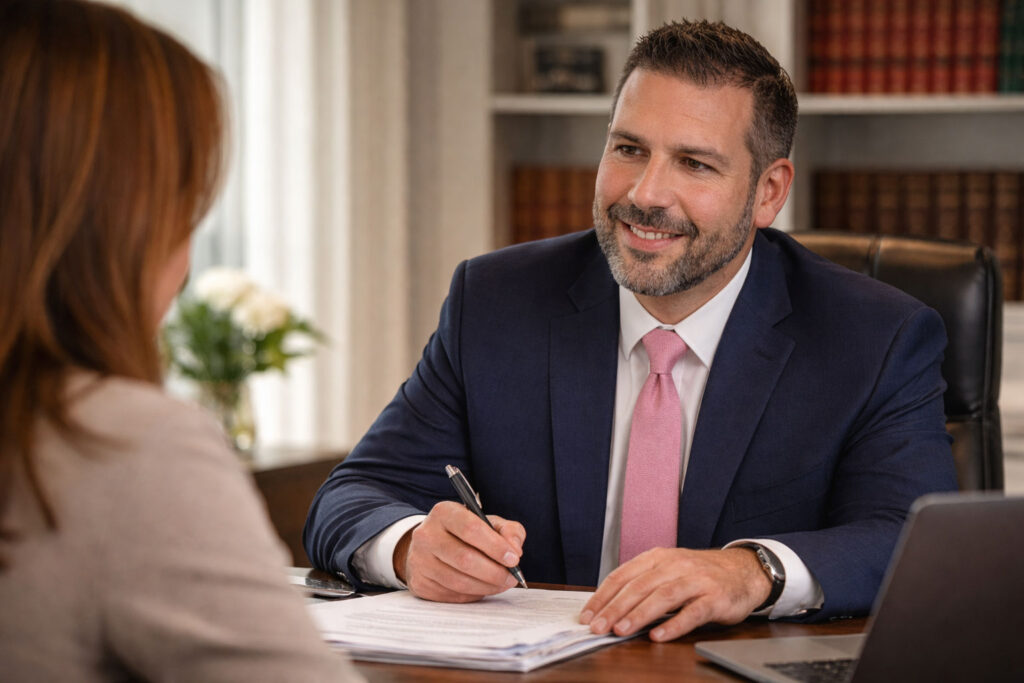 Divorce lawyer Robert E Hornberger consulting with client in office