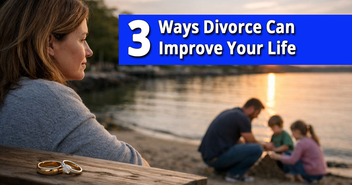 Three-ways-divorce-can-improve-your-life Woman on beach bench watching father and children play at sunset, wedding rings beside her, divorce text over.