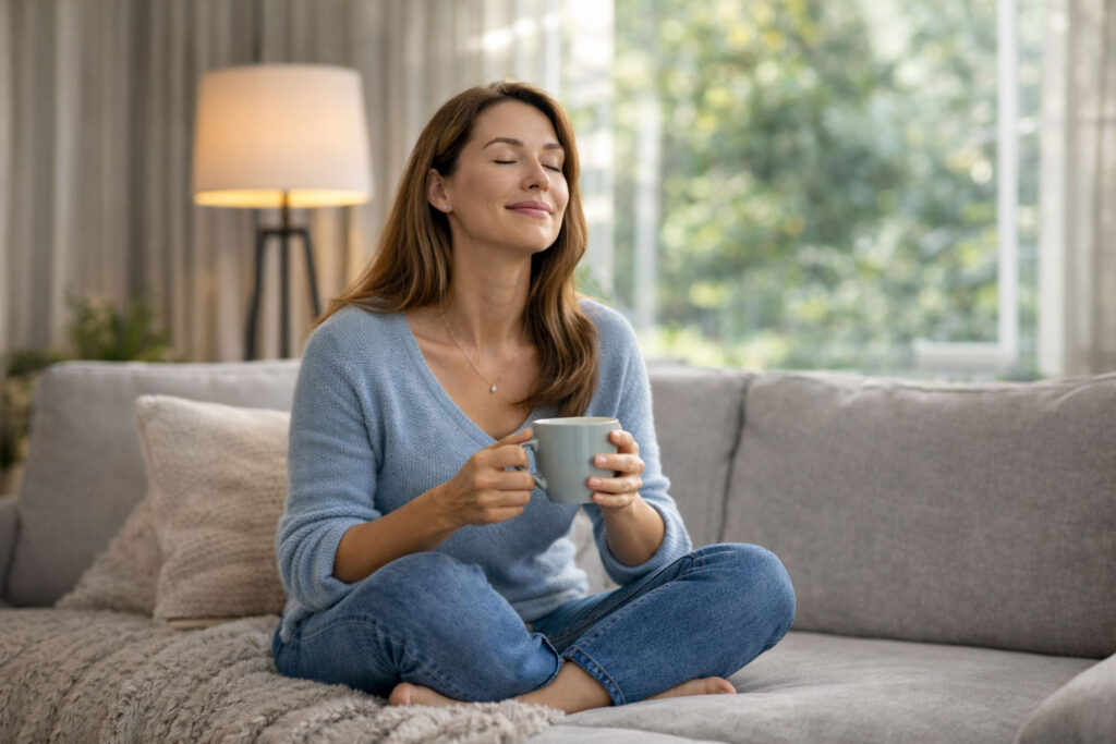 woman cross-legged demonstrating emotional stability and peace of mind 