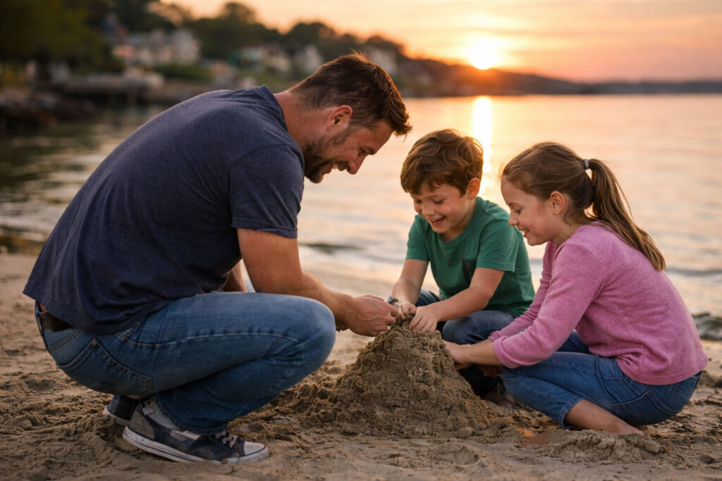 father with children at beach demonstrating healthy family dynamics