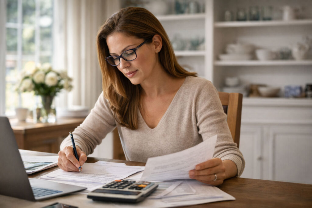 woman at desk paying bills demonstrating financial transparency and stability