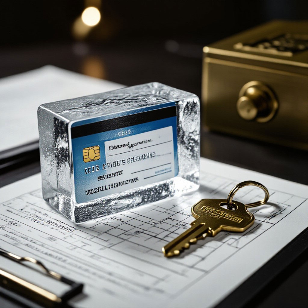 credit card frozen in ice, house key, financial form
